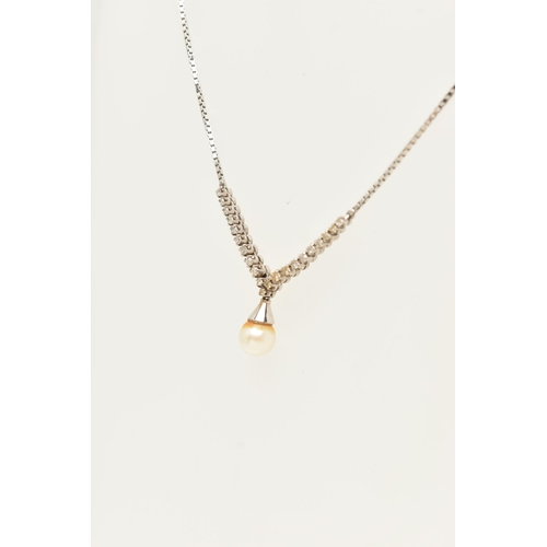 58 - A 1960S WHITE METAL DIAMOND AND CULTURED PEARL NECKLACE, set with a central cultured pearl, measurin... 