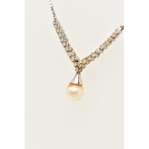 58 - A 1960S WHITE METAL DIAMOND AND CULTURED PEARL NECKLACE, set with a central cultured pearl, measurin... 