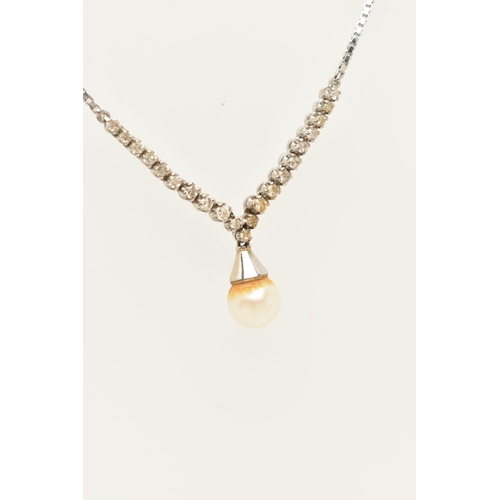 58 - A 1960S WHITE METAL DIAMOND AND CULTURED PEARL NECKLACE, set with a central cultured pearl, measurin... 