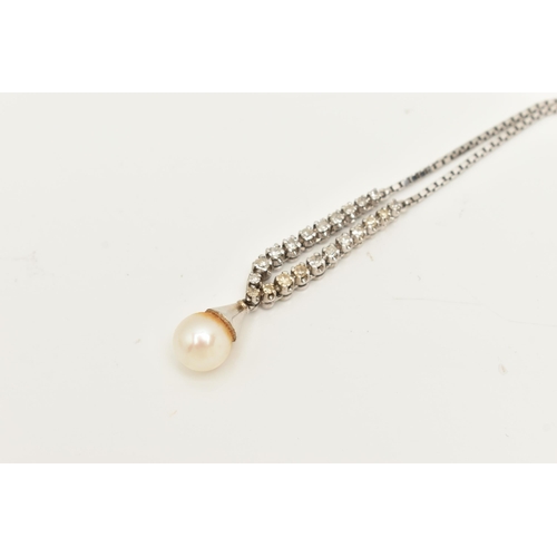 58 - A 1960S WHITE METAL DIAMOND AND CULTURED PEARL NECKLACE, set with a central cultured pearl, measurin... 