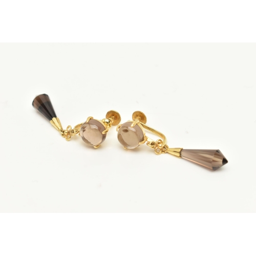 59 - A PAIR OF MODERN YELLOW METAL SMOKEY QUARTZ EARRINGS, each earring designed as an elongated faceted ... 