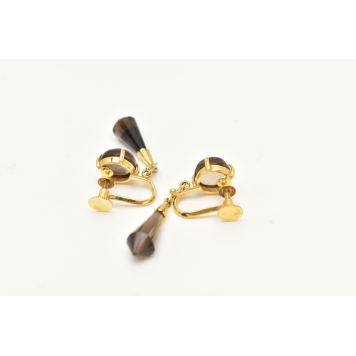 59 - A PAIR OF MODERN YELLOW METAL SMOKEY QUARTZ EARRINGS, each earring designed as an elongated faceted ... 