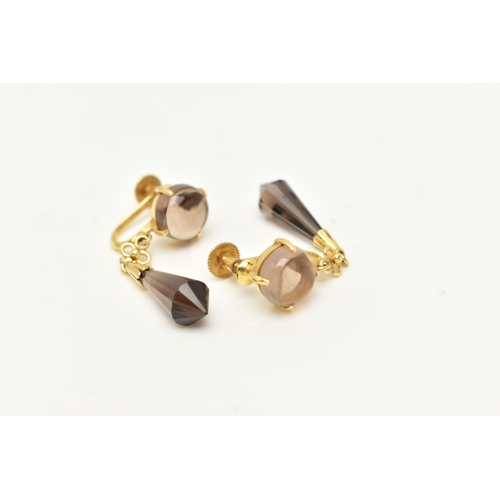 59 - A PAIR OF MODERN YELLOW METAL SMOKEY QUARTZ EARRINGS, each earring designed as an elongated faceted ... 