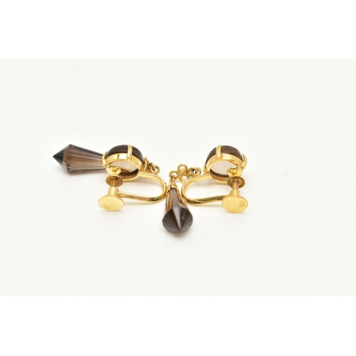 59 - A PAIR OF MODERN YELLOW METAL SMOKEY QUARTZ EARRINGS, each earring designed as an elongated faceted ... 