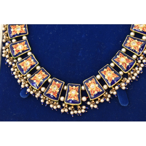 63 - AN ASIAN YELLOW METAL ENAMEL PASTE AND IMITATION PEARL FRINGE NECKLACE, designed as a series of thir... 