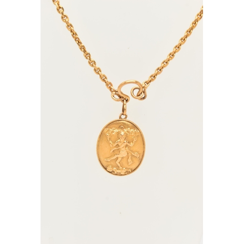 64 - AN ASIAN YELLOW METAL PENDANT AND CHAIN, the oval shape pendant with embossed religious figure, with... 