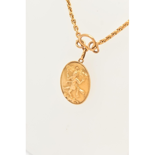 64 - AN ASIAN YELLOW METAL PENDANT AND CHAIN, the oval shape pendant with embossed religious figure, with... 