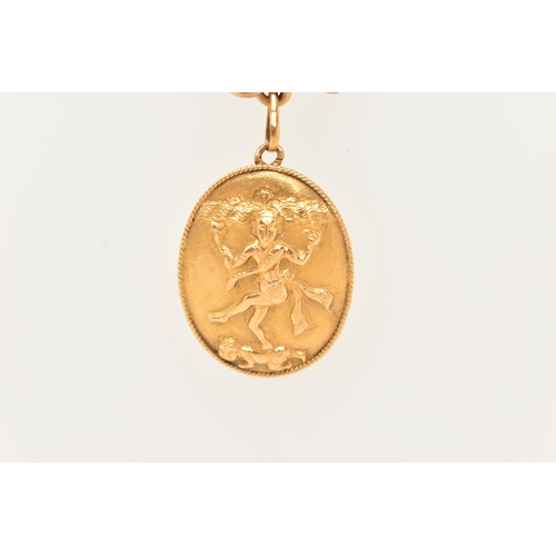 64 - AN ASIAN YELLOW METAL PENDANT AND CHAIN, the oval shape pendant with embossed religious figure, with... 