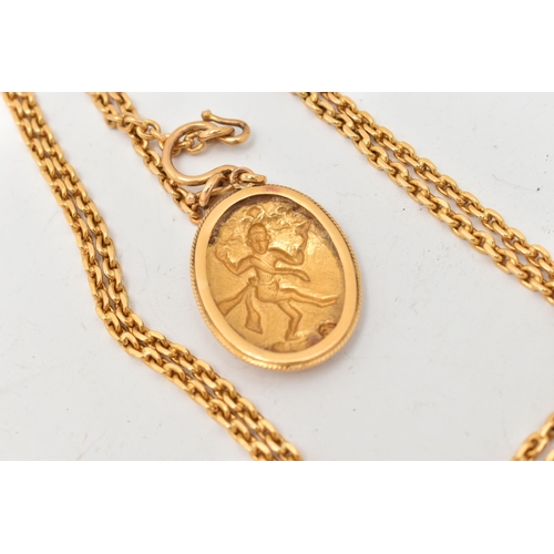 64 - AN ASIAN YELLOW METAL PENDANT AND CHAIN, the oval shape pendant with embossed religious figure, with... 