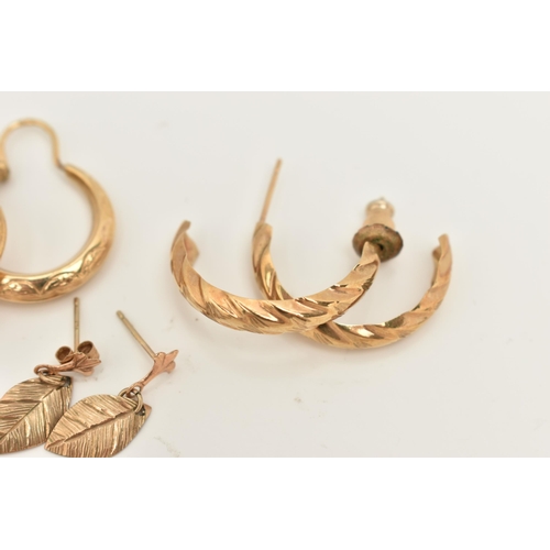 66 - A COLLECTION OF NINE YELLOW METAL EARRINGS, to include a pair of rose bud ear studs, a pair of textu... 