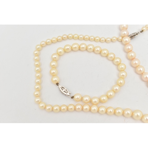 69 - A COLLECTION OF CULTURED PEARL JEWELLERY WITH 9CT WHITE GOLD AND WHITE METAL CLASPS, to include a gr... 