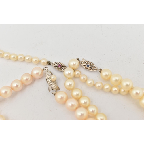 69 - A COLLECTION OF CULTURED PEARL JEWELLERY WITH 9CT WHITE GOLD AND WHITE METAL CLASPS, to include a gr... 