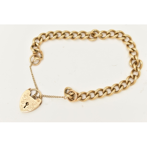 71 - A 9CT GOLD CURB LINK BRACELET, some links stamped 9.375, hallmarked London, fitted with a heart padl... 