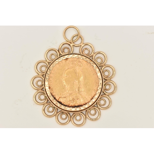 77 - A MOUNTED VICTORIAN FULL GOLD SOVEREIGN COIN PENDANT, depicting Queen Victoria, dated 1892, claw set... 