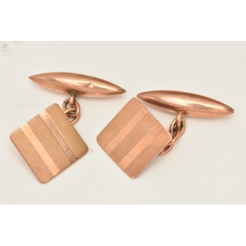 80 - A PAIR OF 9CT ROSE GOLD CUFFLINKS, chain linked with an engine turned pattern square panel and toggl... 