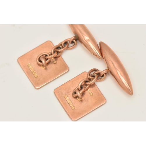 80 - A PAIR OF 9CT ROSE GOLD CUFFLINKS, chain linked with an engine turned pattern square panel and toggl... 