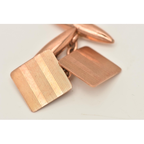 80 - A PAIR OF 9CT ROSE GOLD CUFFLINKS, chain linked with an engine turned pattern square panel and toggl... 