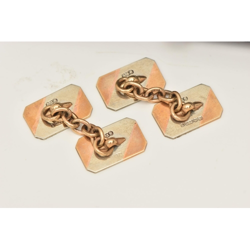 81 - A PAIR OF 9CT GOLD BI COLOUR CUFFLINKS, chain linked with two rectangular engine turned pattern pane... 