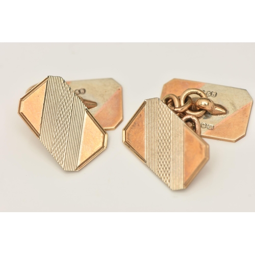 81 - A PAIR OF 9CT GOLD BI COLOUR CUFFLINKS, chain linked with two rectangular engine turned pattern pane... 