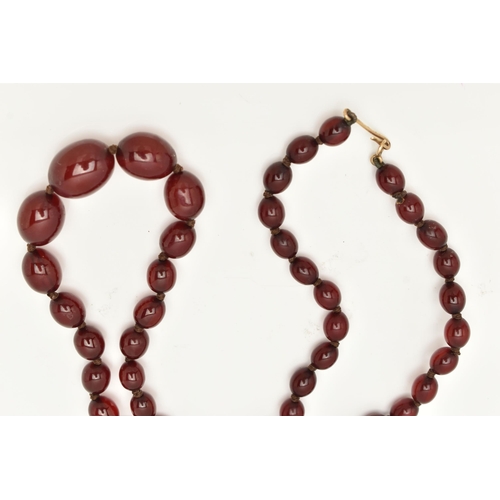 83 - A BAKELITE CHERRY AMBER COLOUR NECKLACE, graduated oval beads forty-nine beads in total, largest mea... 