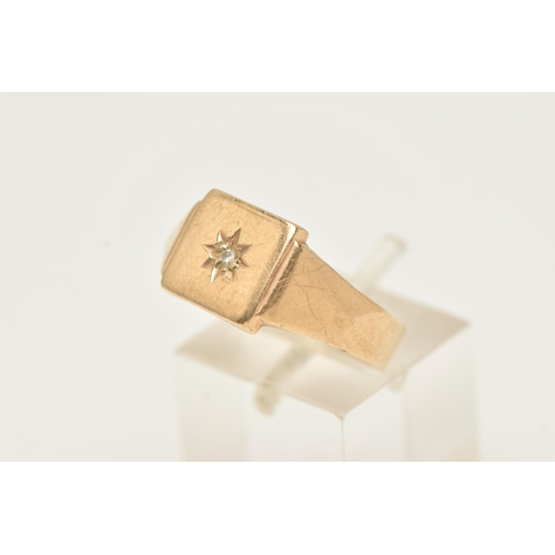 85 - A GENTS 9CT GOLD DIAMOND SET SIGNET RING, square signet with a star set round brilliant cut diamond,... 