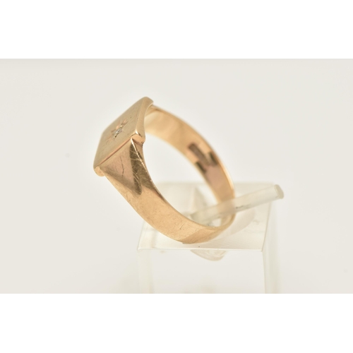 85 - A GENTS 9CT GOLD DIAMOND SET SIGNET RING, square signet with a star set round brilliant cut diamond,... 