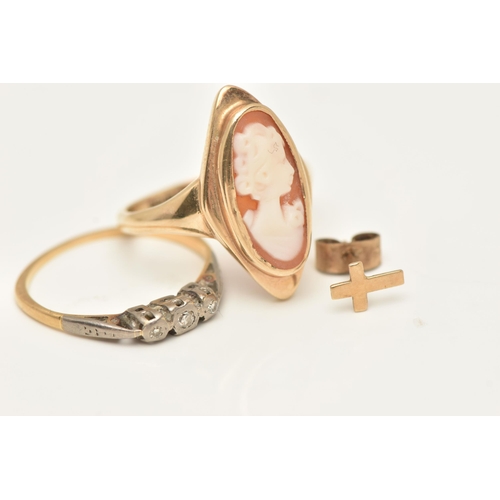 87 - A 9CT GOLD CAMEO RING AND A YELLOW METAL THREE STONE RING, the carved shell cameo in a marquise coll... 