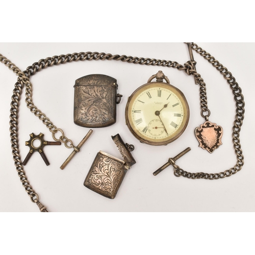 102 - A SILVER OPEN FACE POCKET WATCH AND ALBERT CHAINS, to include a key wound, open face pocket watch, r... 