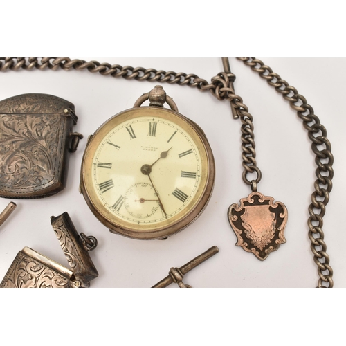 102 - A SILVER OPEN FACE POCKET WATCH AND ALBERT CHAINS, to include a key wound, open face pocket watch, r... 