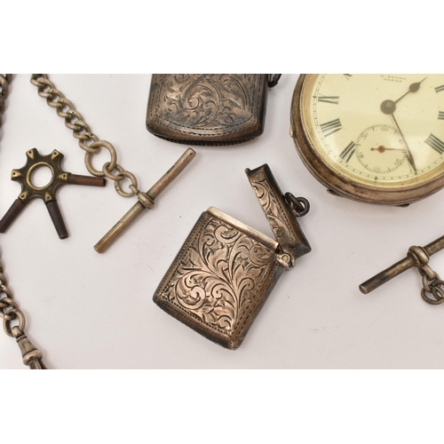 102 - A SILVER OPEN FACE POCKET WATCH AND ALBERT CHAINS, to include a key wound, open face pocket watch, r... 