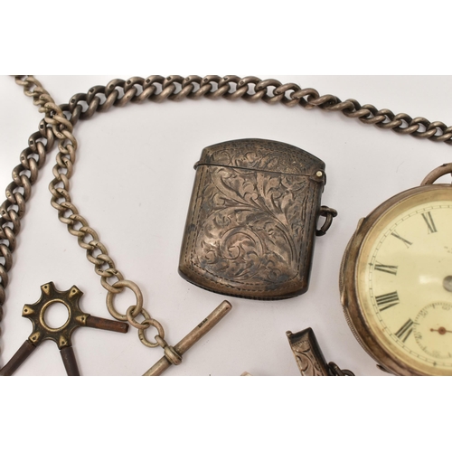 102 - A SILVER OPEN FACE POCKET WATCH AND ALBERT CHAINS, to include a key wound, open face pocket watch, r... 