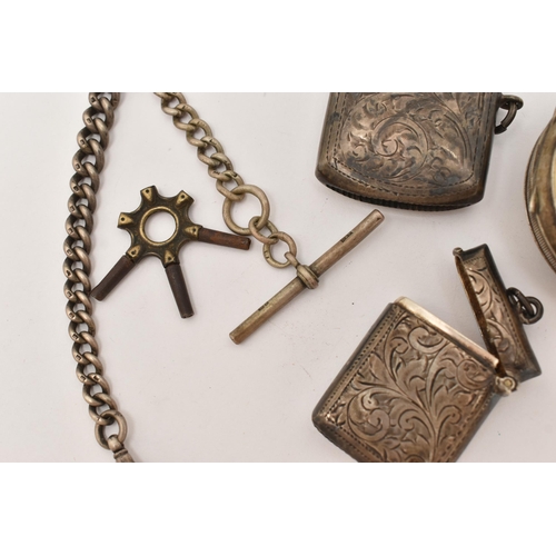 102 - A SILVER OPEN FACE POCKET WATCH AND ALBERT CHAINS, to include a key wound, open face pocket watch, r... 