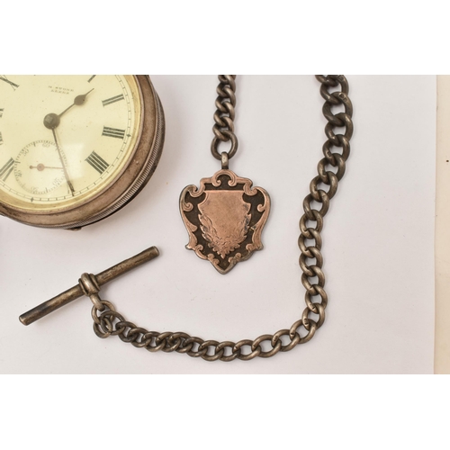 102 - A SILVER OPEN FACE POCKET WATCH AND ALBERT CHAINS, to include a key wound, open face pocket watch, r... 