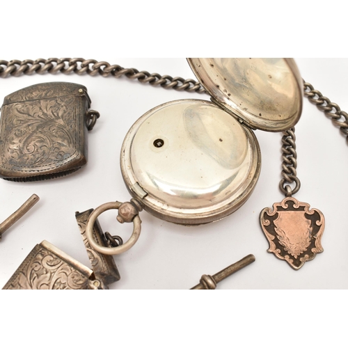 102 - A SILVER OPEN FACE POCKET WATCH AND ALBERT CHAINS, to include a key wound, open face pocket watch, r... 