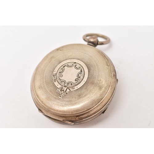 102 - A SILVER OPEN FACE POCKET WATCH AND ALBERT CHAINS, to include a key wound, open face pocket watch, r... 