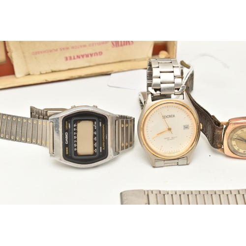 107 - A GENTS 9CT GOLD WRISTWATCH AND A SELECTION OF OTHERS, gents 9ct rose gold manual wind watch, round ... 