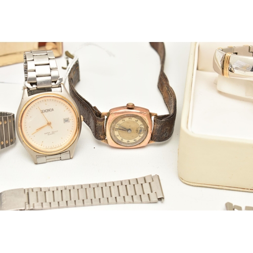 107 - A GENTS 9CT GOLD WRISTWATCH AND A SELECTION OF OTHERS, gents 9ct rose gold manual wind watch, round ... 