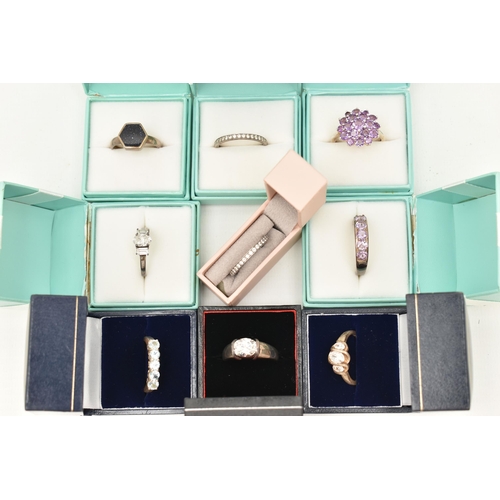 108 - A SELECTION OF TEN WHITE METAL GEM SET RINGS, various designs, set with assorted cubic zirconia or s... 