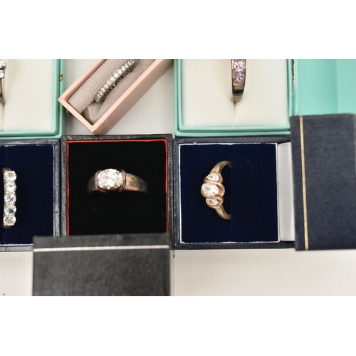 108 - A SELECTION OF TEN WHITE METAL GEM SET RINGS, various designs, set with assorted cubic zirconia or s... 