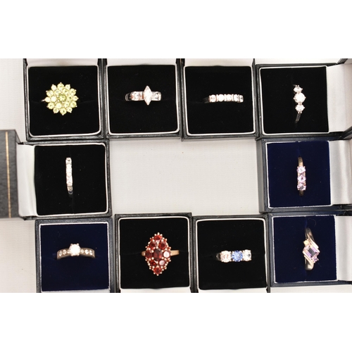 109 - A SELECTION OF TEN WHITE METAL GEM SET RINGS, various designs, set with assorted cubic zirconia or s... 