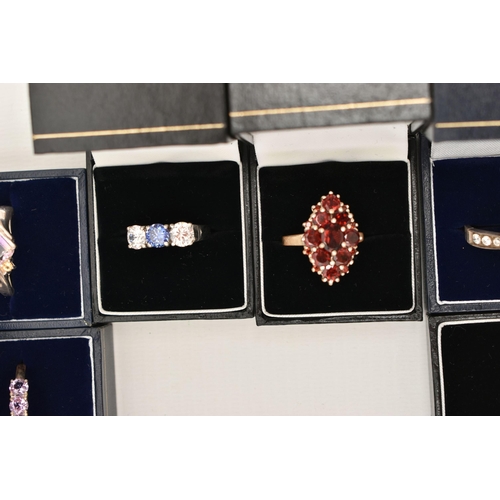 109 - A SELECTION OF TEN WHITE METAL GEM SET RINGS, various designs, set with assorted cubic zirconia or s... 