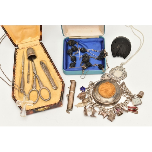 111 - ASSORTED ITEMS, to include a cased sewing set, comprising of a thimble, scissors, needle, needle cas... 