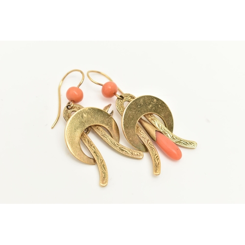 91 - A PAIR OF GOLD PLATED CORAL DROP EARRINGS, each fitted with a fish hook and a coral bead, with a pol... 