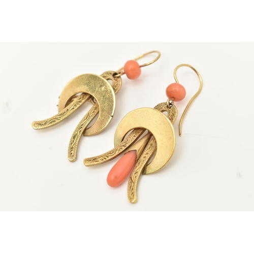 91 - A PAIR OF GOLD PLATED CORAL DROP EARRINGS, each fitted with a fish hook and a coral bead, with a pol... 