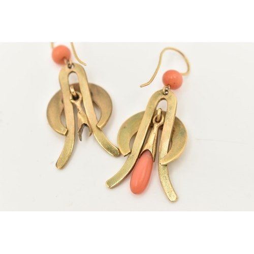 91 - A PAIR OF GOLD PLATED CORAL DROP EARRINGS, each fitted with a fish hook and a coral bead, with a pol... 