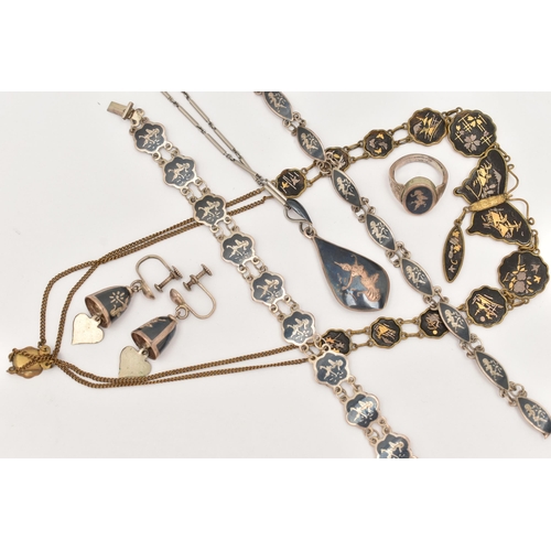 97 - A COLLECTION OF WHITE METAL AND COSTUME NIELLO SIAM JEWELLERY, to include two white metal bracelets,... 