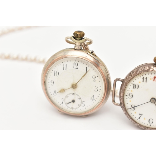 98 - TWO EARLY 20TH CENTURY FOB WATCHES AND A WRISTWATCH, to include a fob watch stamped 0.935 embossed o... 