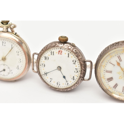 98 - TWO EARLY 20TH CENTURY FOB WATCHES AND A WRISTWATCH, to include a fob watch stamped 0.935 embossed o... 