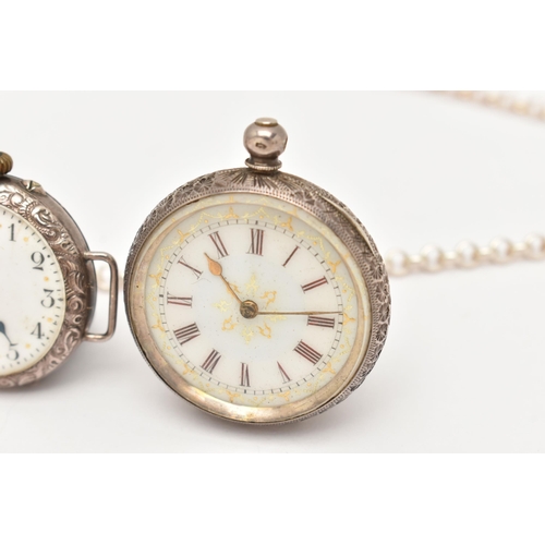 98 - TWO EARLY 20TH CENTURY FOB WATCHES AND A WRISTWATCH, to include a fob watch stamped 0.935 embossed o... 