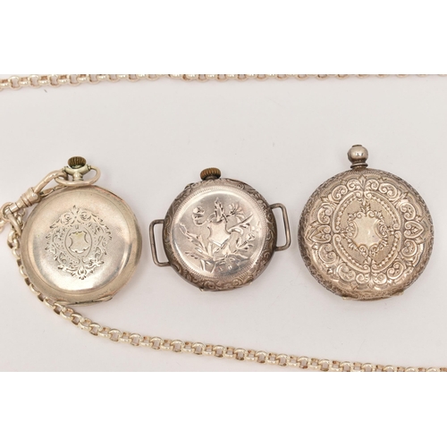 98 - TWO EARLY 20TH CENTURY FOB WATCHES AND A WRISTWATCH, to include a fob watch stamped 0.935 embossed o... 